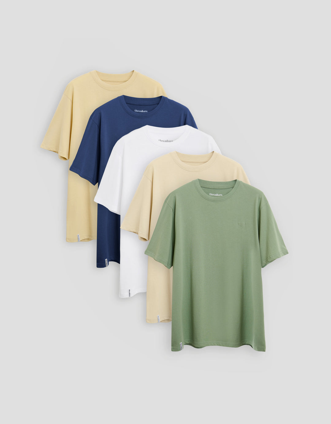 Threadbare 5 Pack Cotton Crew Neck T-Shirts in Almond, Denim Blue, White, Stone & Sage Green - 5-pack flat lay