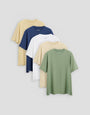 Threadbare 5 Pack Cotton Crew Neck T-Shirts in Almond, Denim Blue, White, Stone & Sage Green - 5-pack flat lay