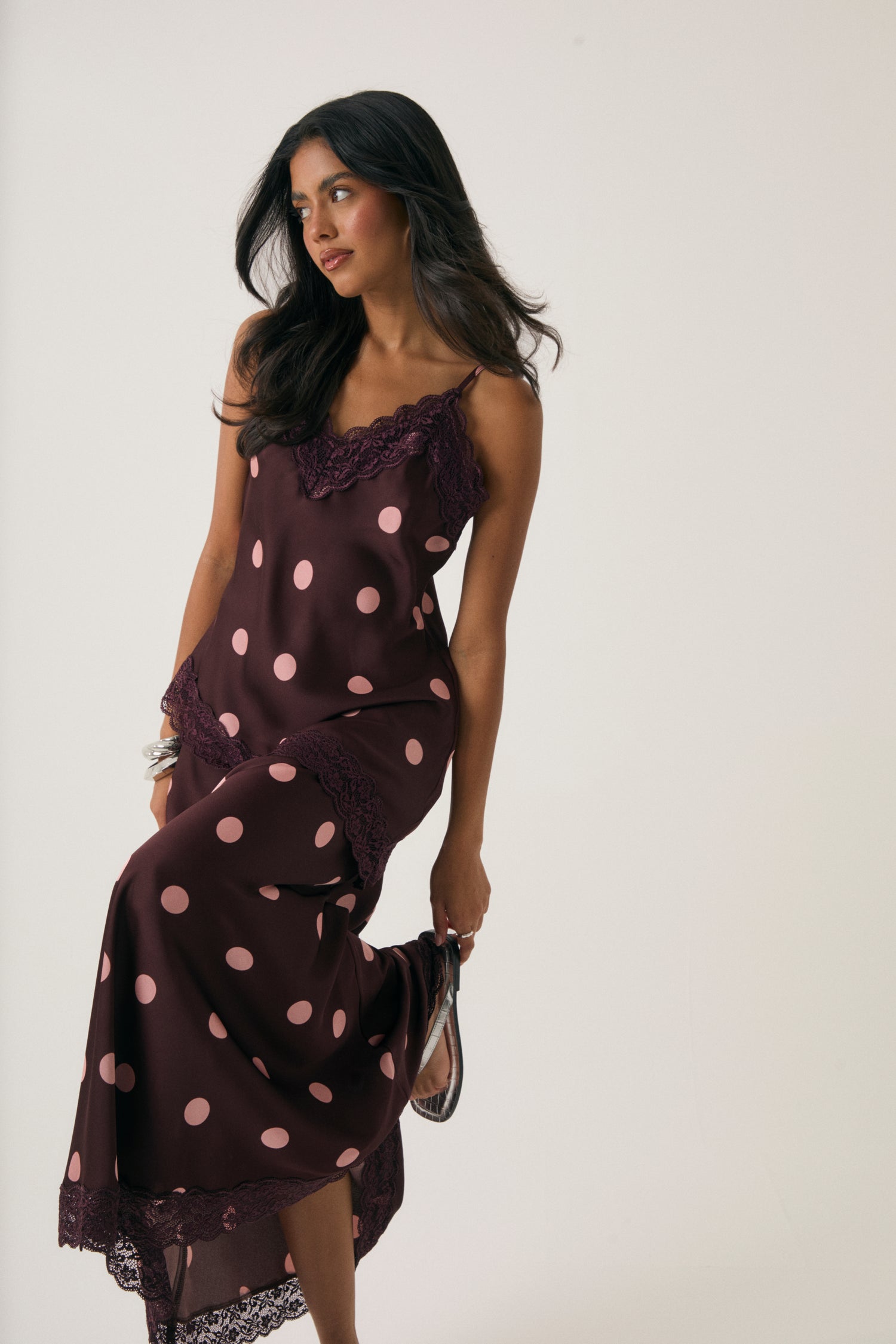 Satin Lace Trim Maxi Dress in Burgundy Polka Dot - front view