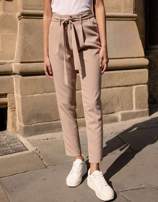 Women's Taupe Paperbag Waist Trousers