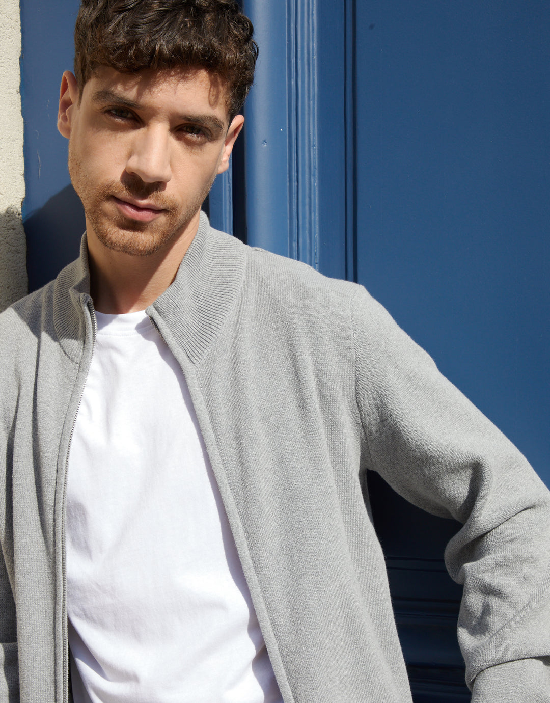 Grey Knitted Zip Up Funnel Neck Cardigan