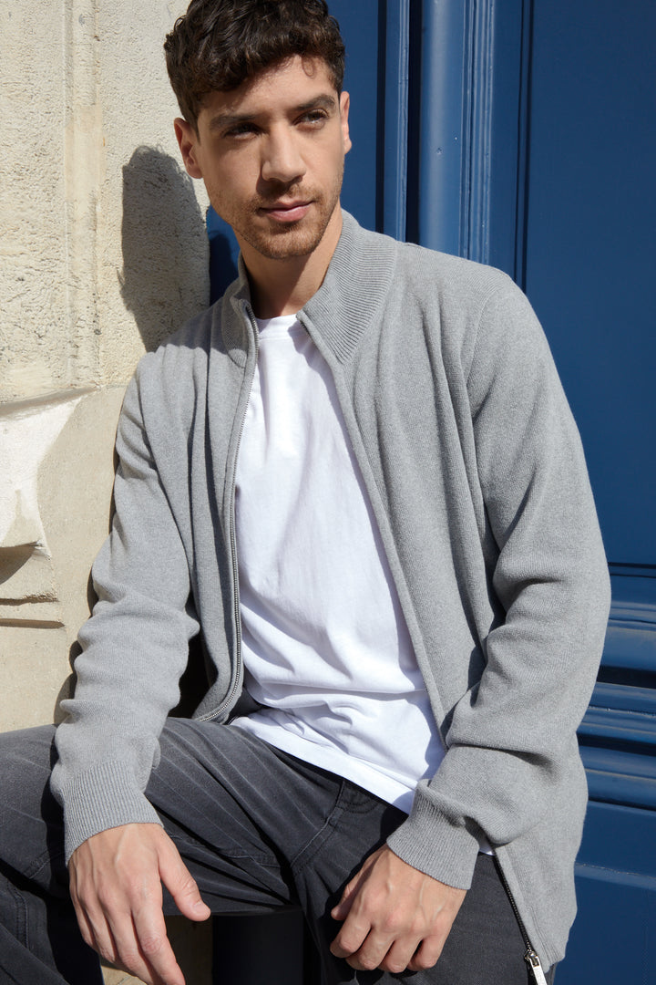 Grey Knitted Zip Up Funnel Neck Cardigan