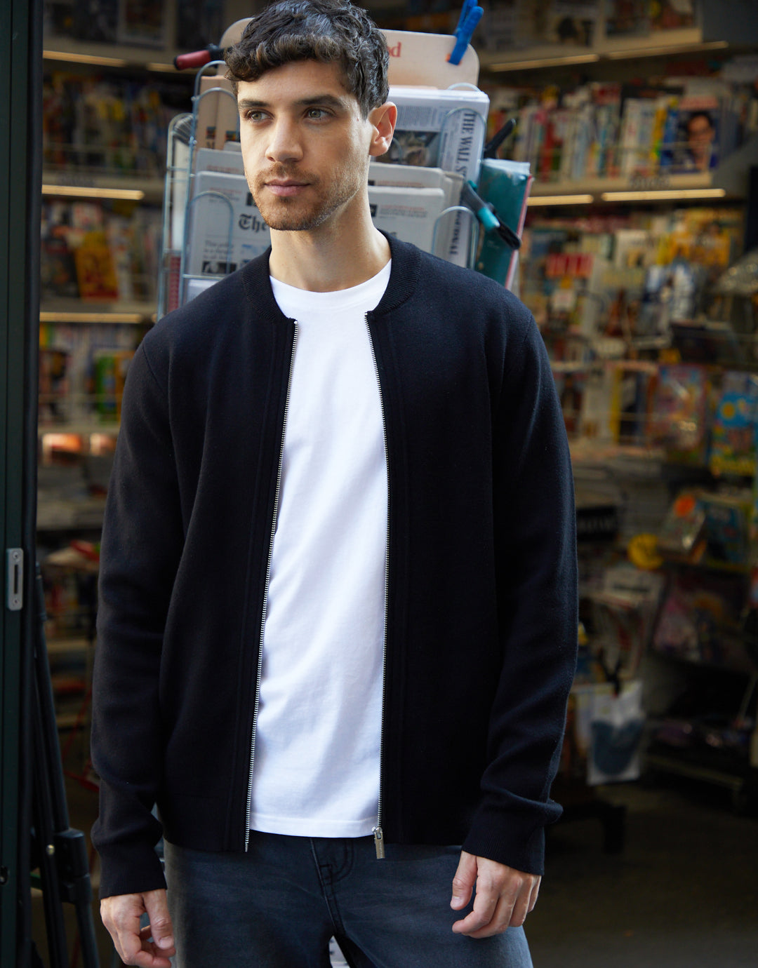 Black Bomber-Style Knitted Zip Through Cardigan