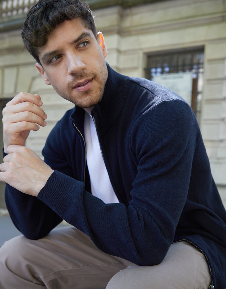 Navy Knitted Zip Up Funnel Neck Cardigan