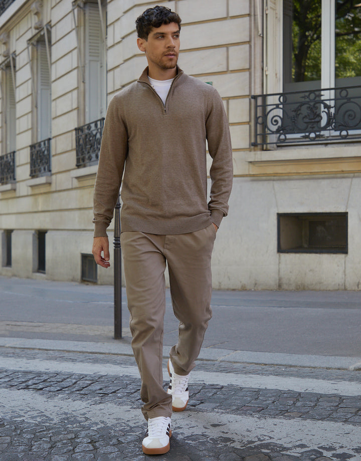 Taupe Marl Funnel Neck Quarter Zip Knitted Jumper