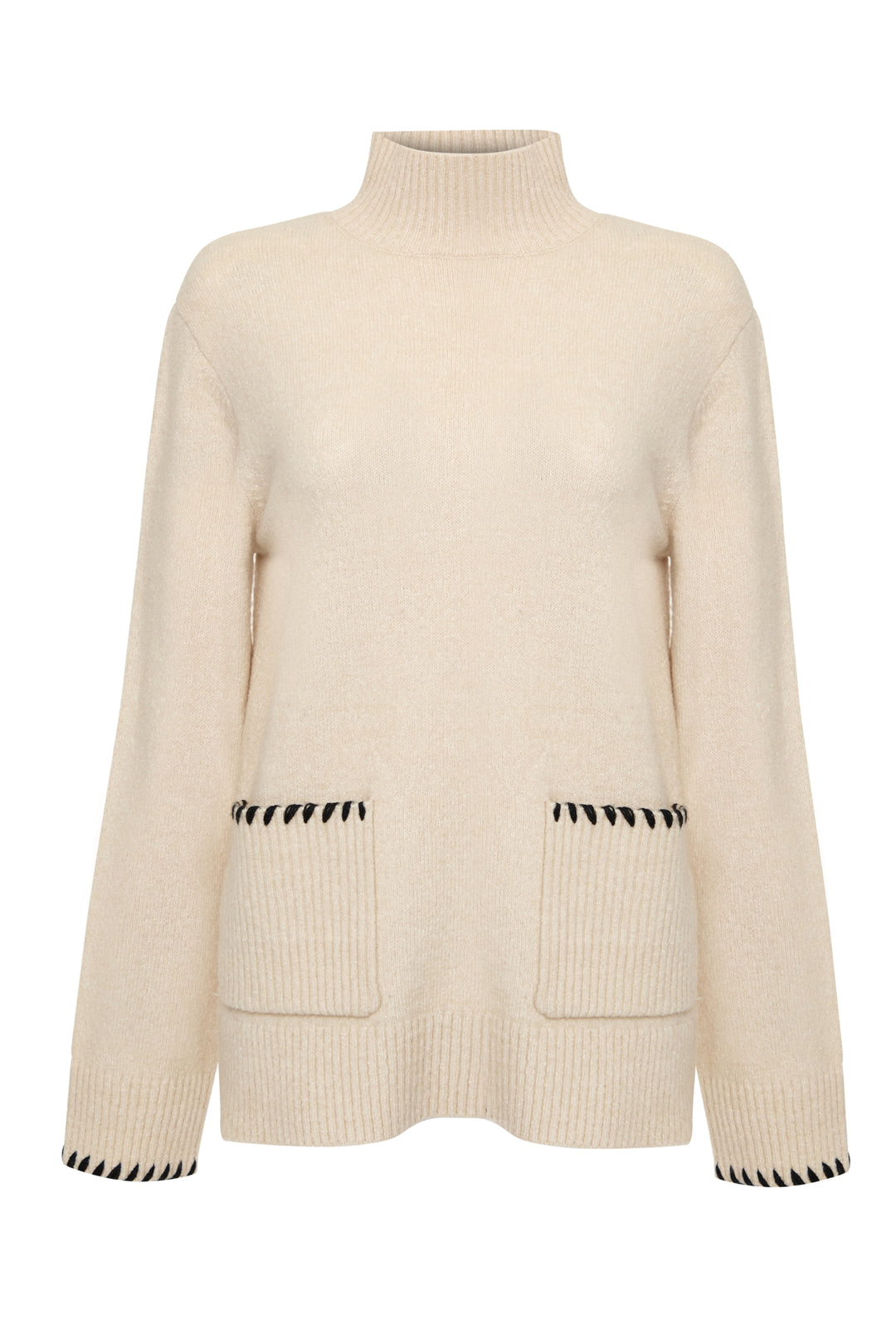 Ecru High Neck Contrast Stitch Knitted Jumper