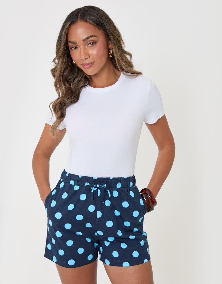 Threadbare Pull On Jersey Shorts in Blue Polka Dot - front view