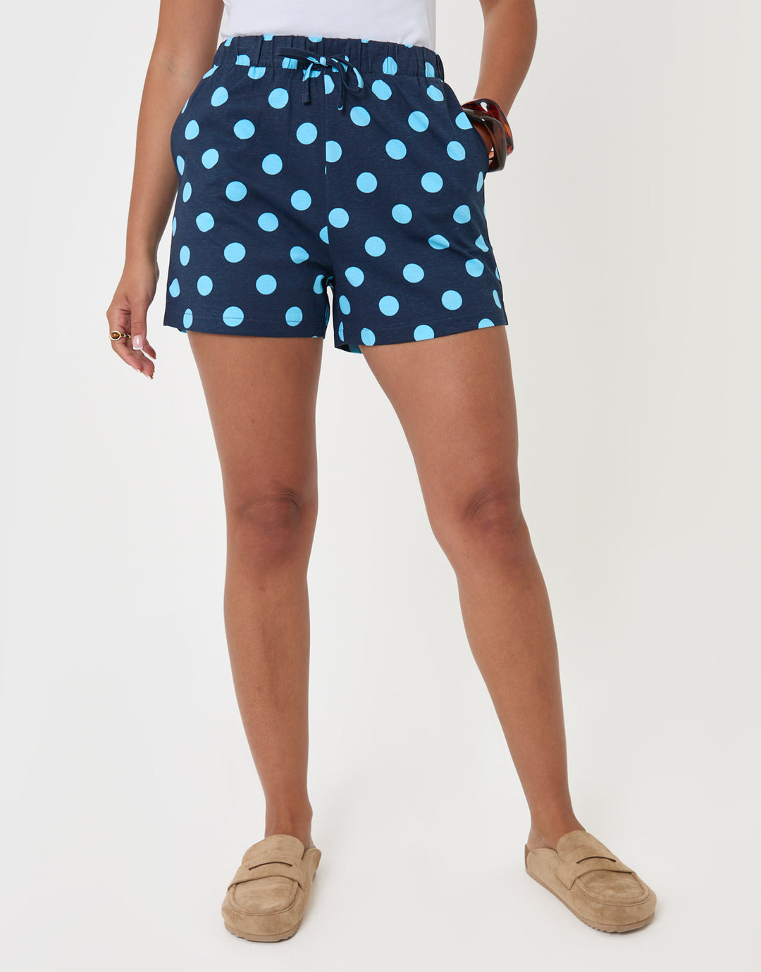 Threadbare Pull On Jersey Shorts in Blue Polka Dot - front view