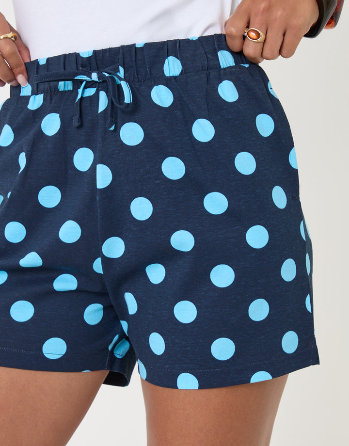 Threadbare Pull On Jersey Shorts in Blue Polka Dot - close up