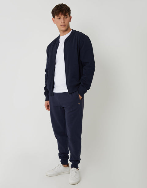 Threadbare Zip Through Sweat Bomber in Navy - full body