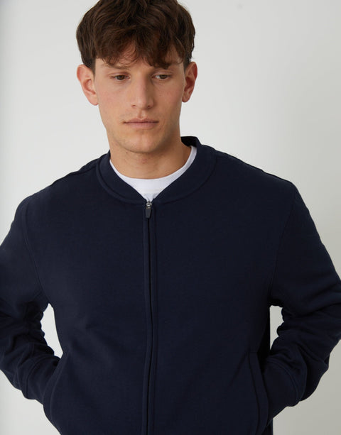 Threadbare Zip Through Sweat Bomber in Navy - front view