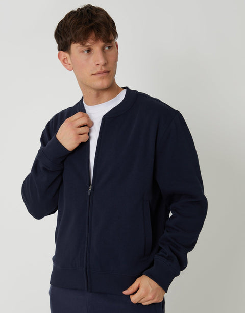 Threadbare Zip Through Sweat Bomber in Navy - front view