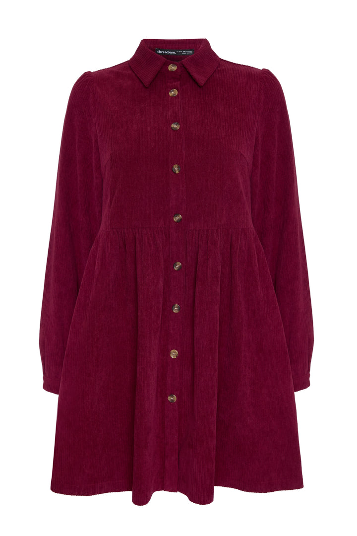 Threadbare Corduroy Smock Shirt Dress in Berry Red - flat lay