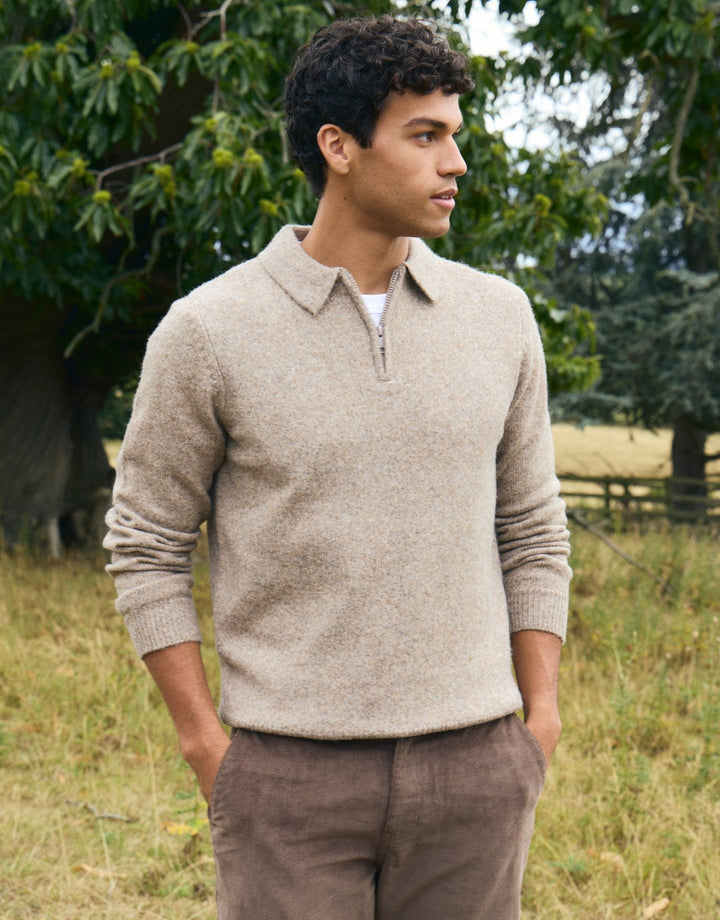 Faux Wool Quarter Zip Polo Jumper in Taupe