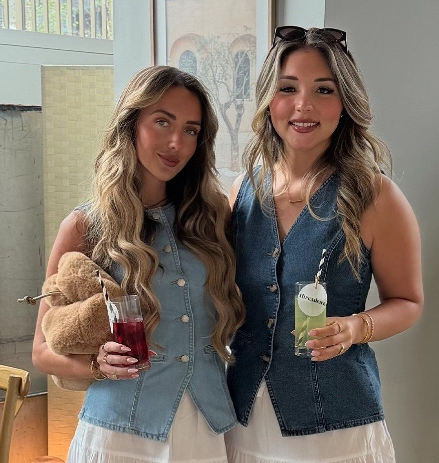 Two women wearing Threadbare Denim Waistcoats in Light Wash and Mid Wash at our Afternoon at Kallos event