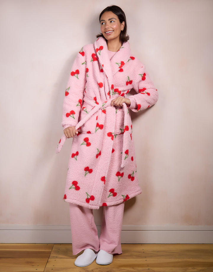 Pink Cherry Print Borg Dressing Gown