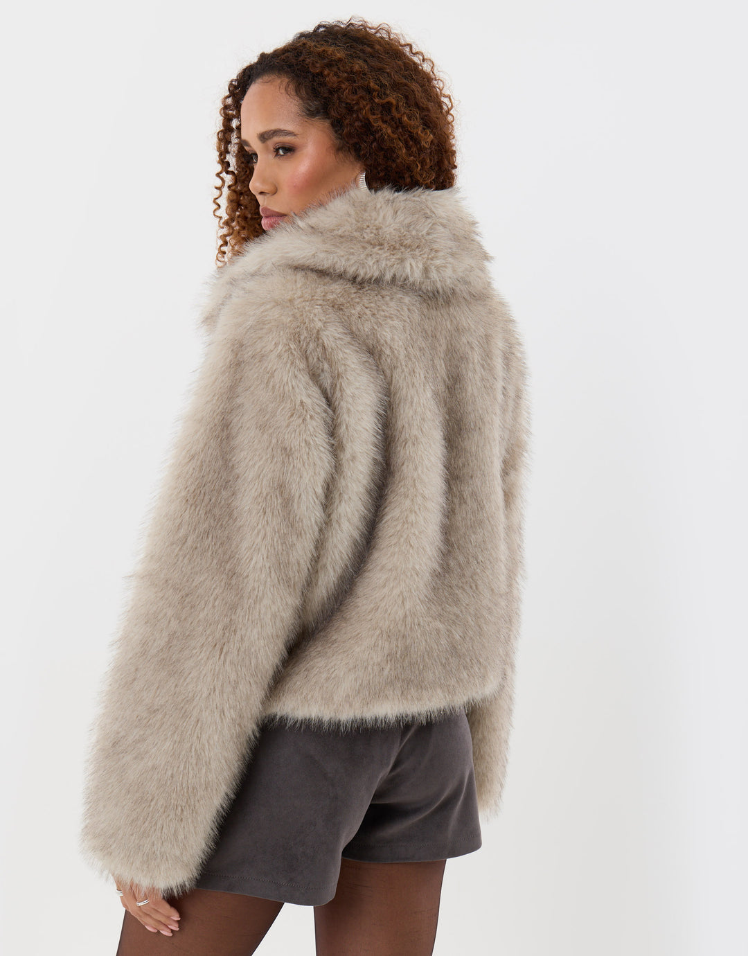 Threadbare Faux Fur Zip Through Coat in Mushroom - back view