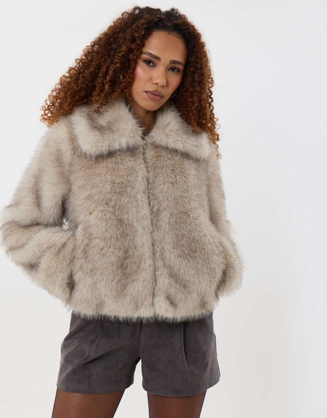Threadbare Faux Fur Zip Through Coat in Mushroom - front view