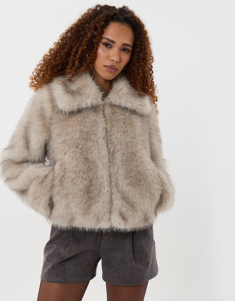 Threadbare Faux Fur Zip Through Coat in Mushroom - front view