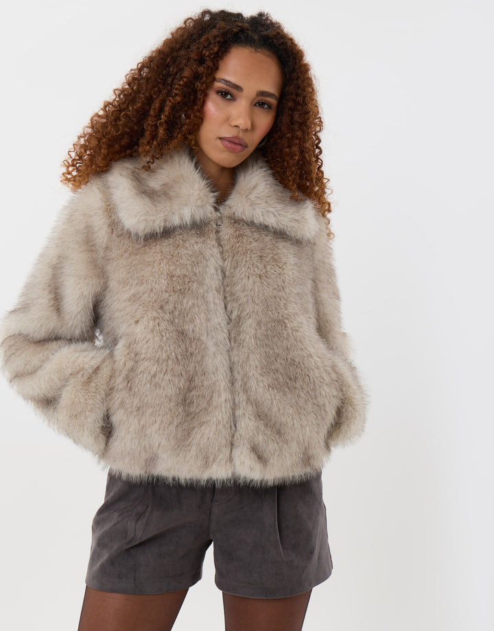 Threadbare Faux Fur Zip Through Coat in Mushroom - front view