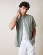 Sage Green Grandad Collar Linen Blend Short Sleeve Shirt
