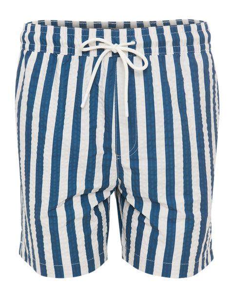 Threadbare Striped Seersucker Swim Shorts in Blue - flat lay