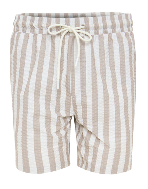 Threadbare Striped Seersucker Swim Shorts in Stone - flat lay