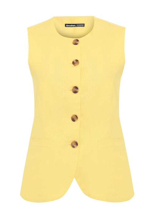 Threadbare Linen Blend Longline Waistcoat in Yellow - flat lay