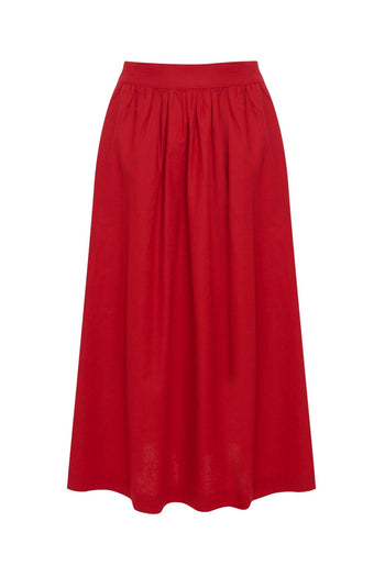 Threadbare Linen Blend Gathered Midaxi Skirt in Red - flat lay