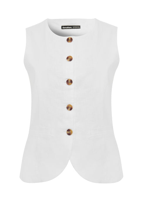Threadbare Linen Blend Longline Waistcoat in White - flat lay