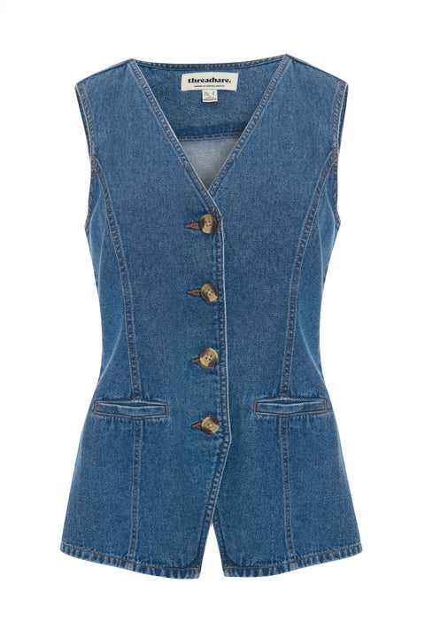 Threadbare Denim Longline V-Neck Waistcoat in Mid Wash - flat lay