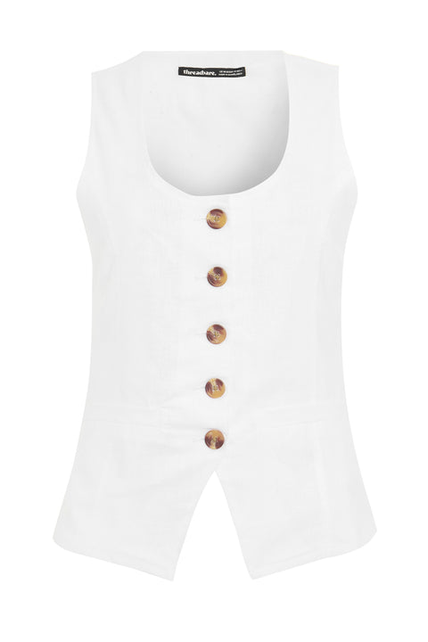 Threadbare Linen Blend Scoop Neck Waistcoat in White - flat lay