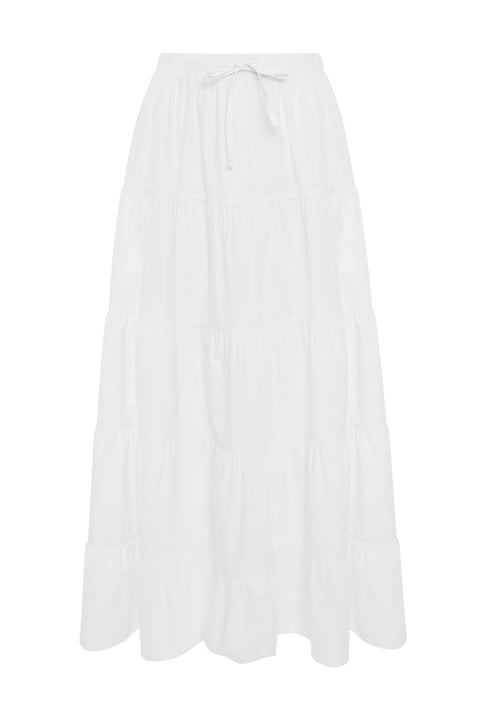 Threadbare Cotton Tiered Maxi Skirt in White - flat lay