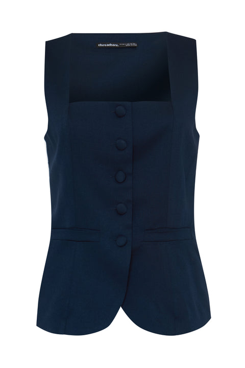 Threadbare Square Neck Tailored Waistcoat in Navy - flat lay
