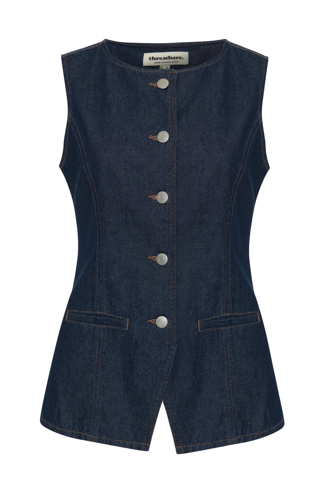Threadbare Denim Longline Waistcoat in Indigo - flat lay