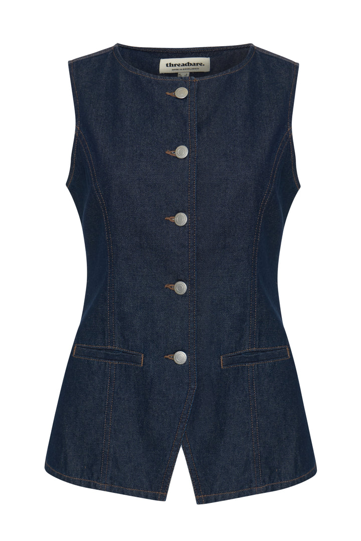Threadbare Denim Longline Waistcoat in Indigo - flat lay
