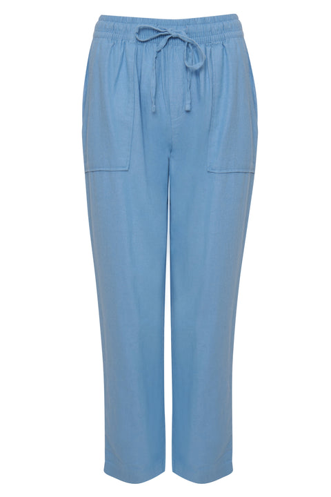 Threadbare Linen Blend Drawstring Trousers in Blue - flat lay