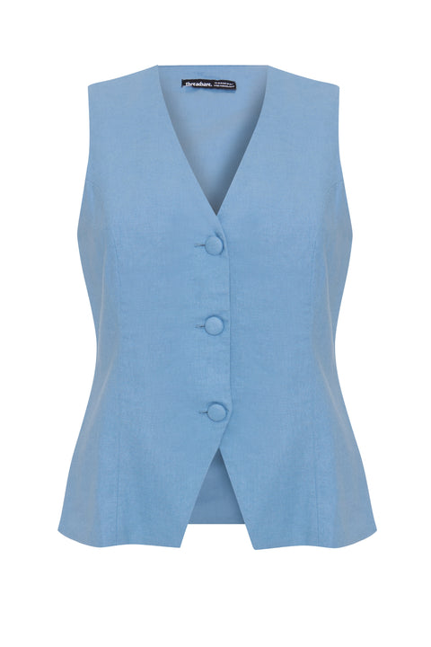Threadbare Linen Blend V-Neck Waistcoat in Blue - flat lay