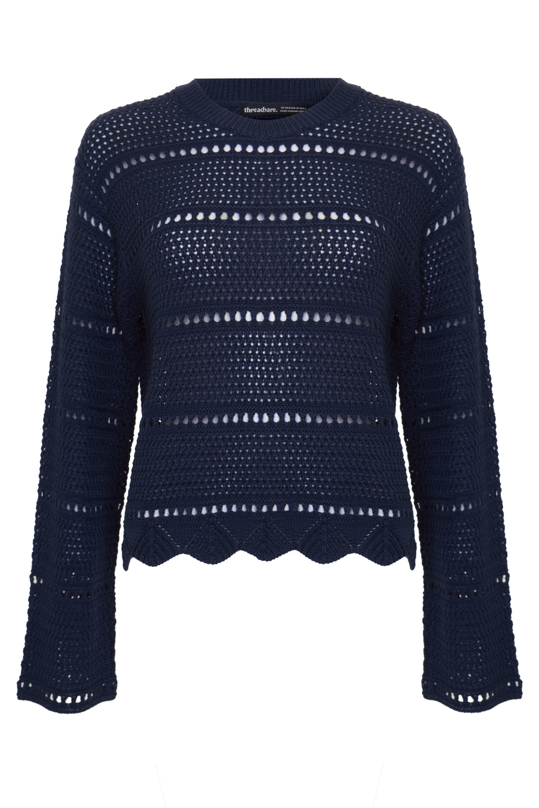 Threadbare Pointelle Knit Crew Neck Jumper in Navy - flat lay
