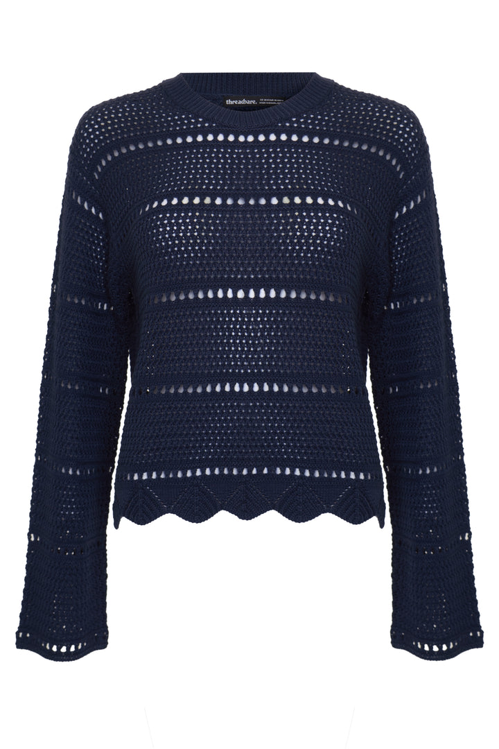 Threadbare Pointelle Knit Crew Neck Jumper in Navy - flat lay