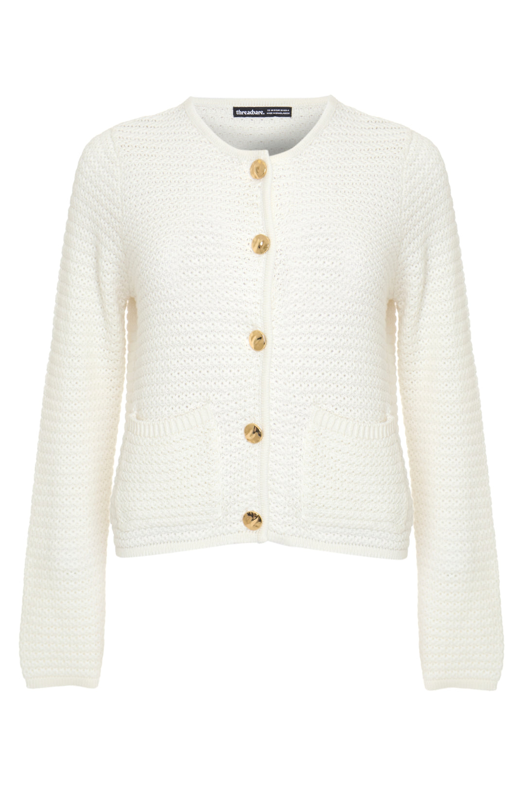 Threadbare Patch Pocket Crew Neck Cardigan in White - flat lay