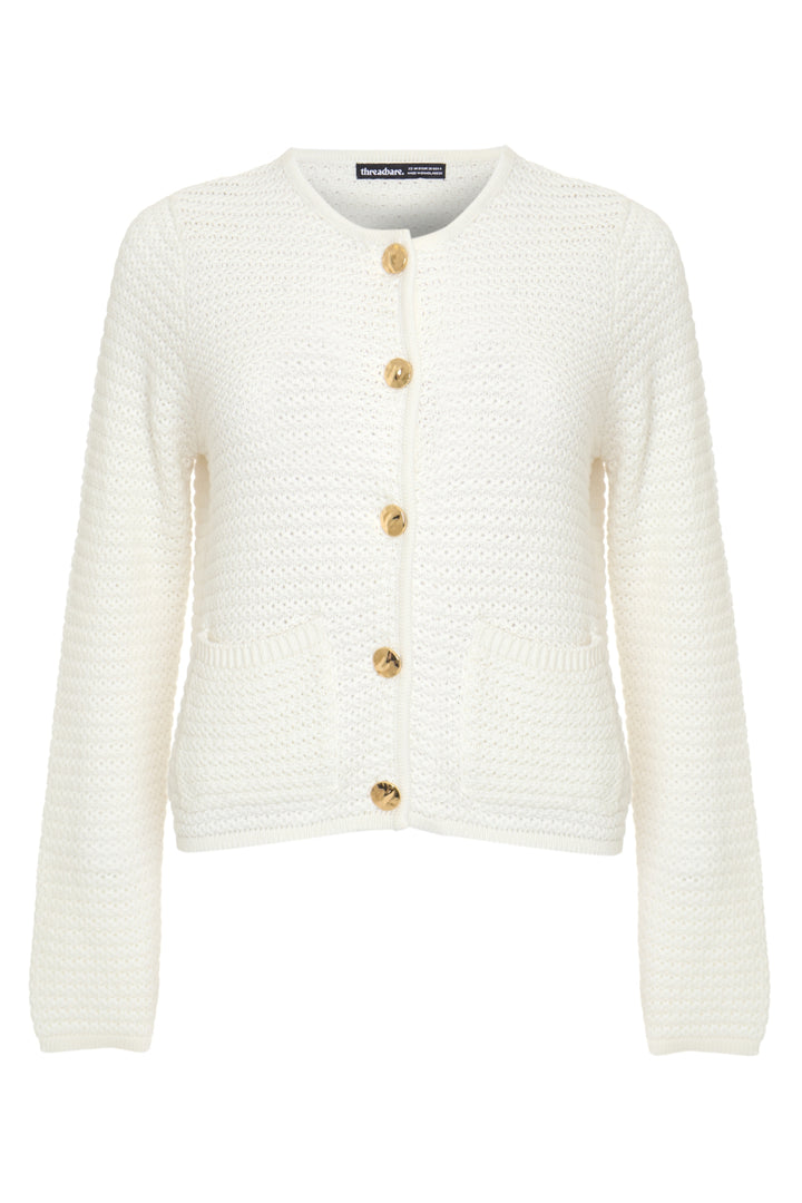 Threadbare Patch Pocket Crew Neck Cardigan in White - flat lay