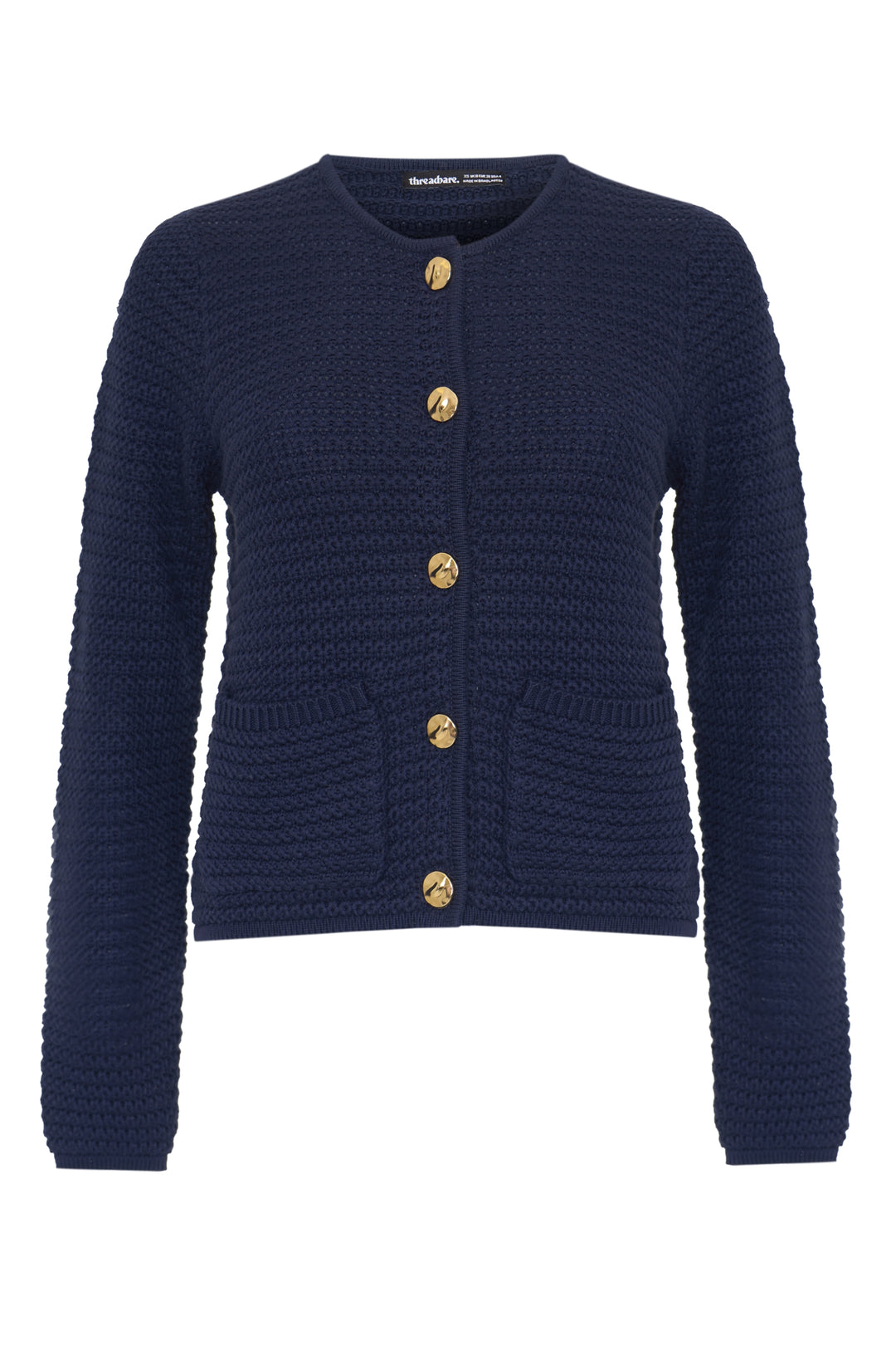Threadbare Patch Pocket Crew Neck Cardigan in Navy - flat lay