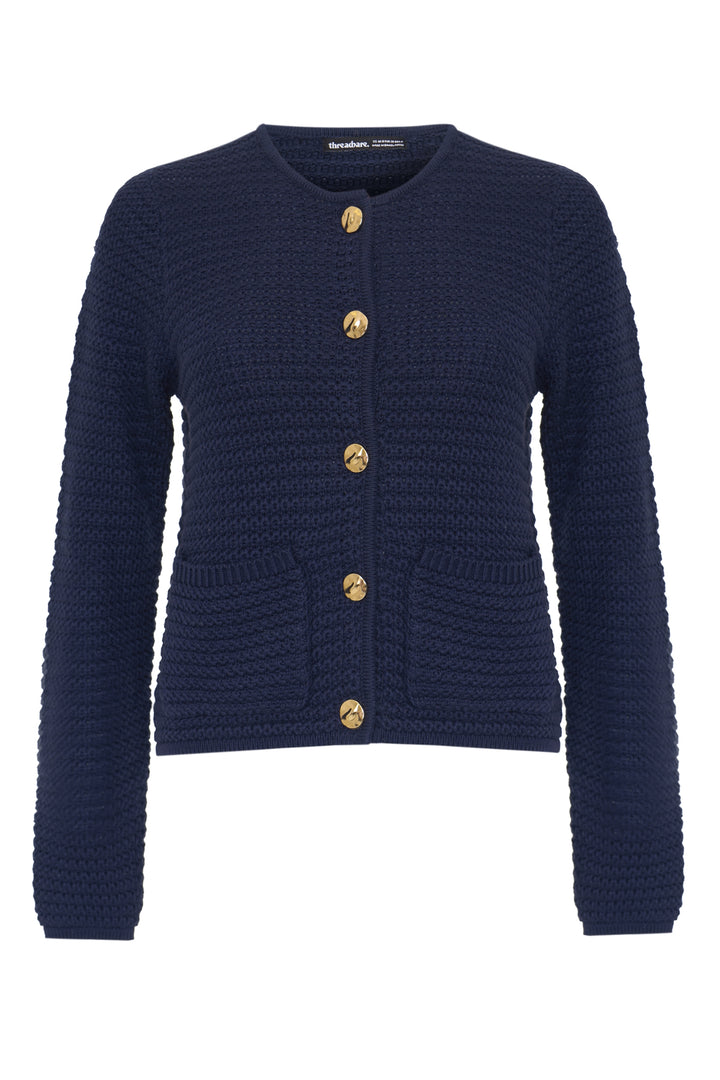 Threadbare Patch Pocket Crew Neck Cardigan in Navy - flat lay