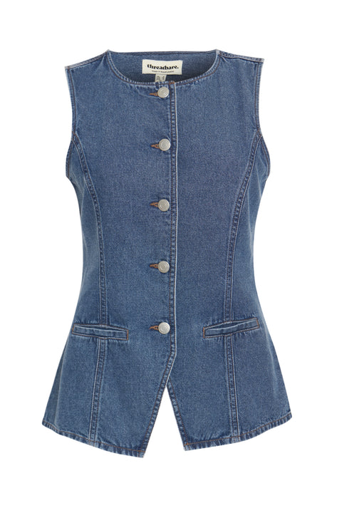 Threadbare Denim Longline Waistcoat in Mid Wash - flat lay