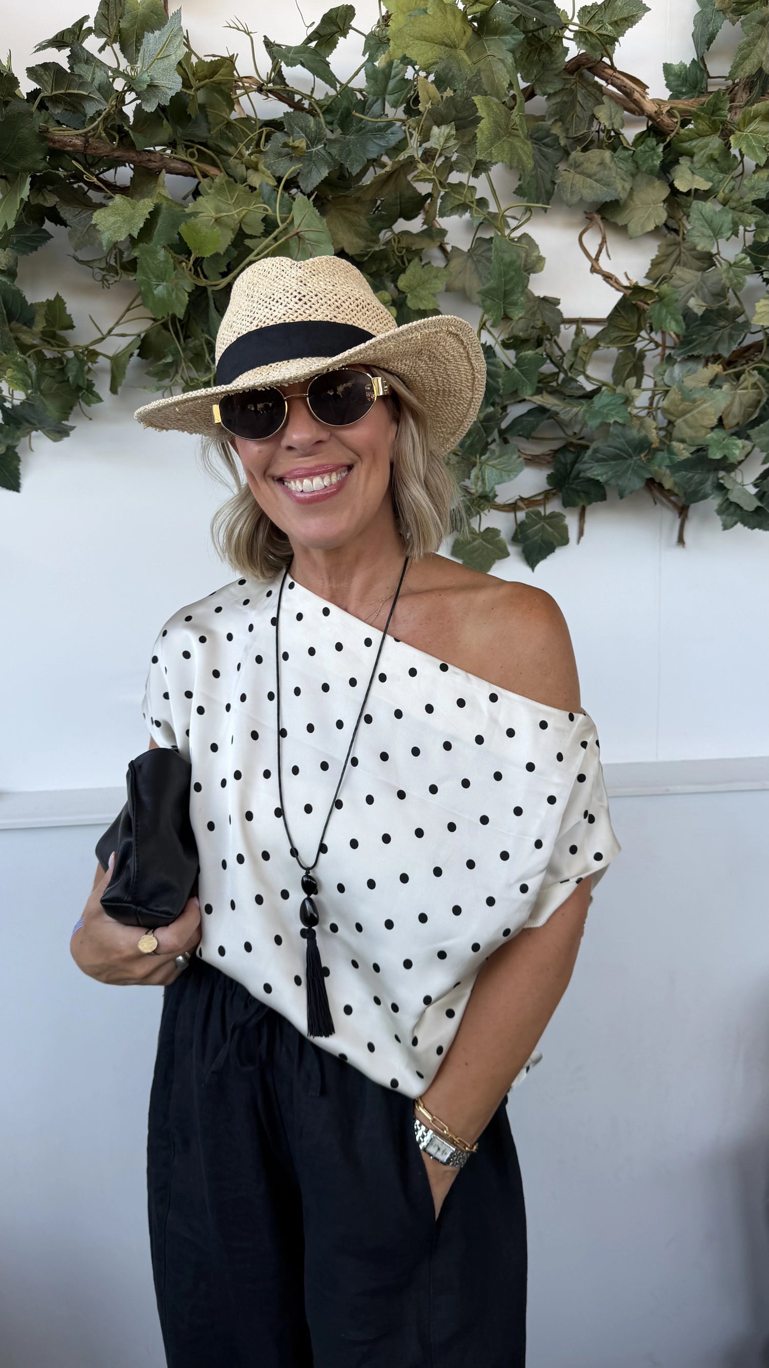Helen in our Linen Blend Drawstring Trousers in Black & our Satin Lace Trim Co-ord Slash Neck Top in Cream Polka Dot