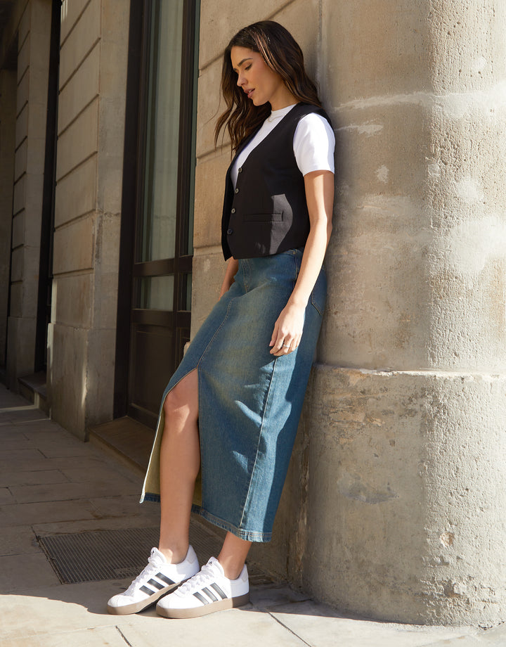 Vintage Wash Maxi Denim Skirt