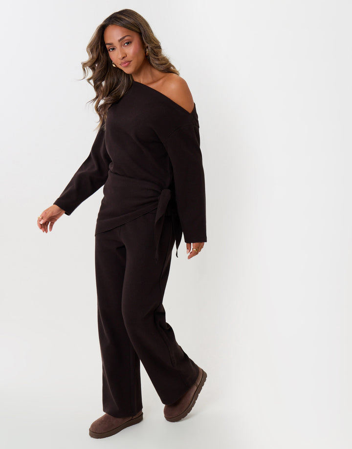 Off Shoulder Top & Wide Leg Co-ord in Chocolate Brown