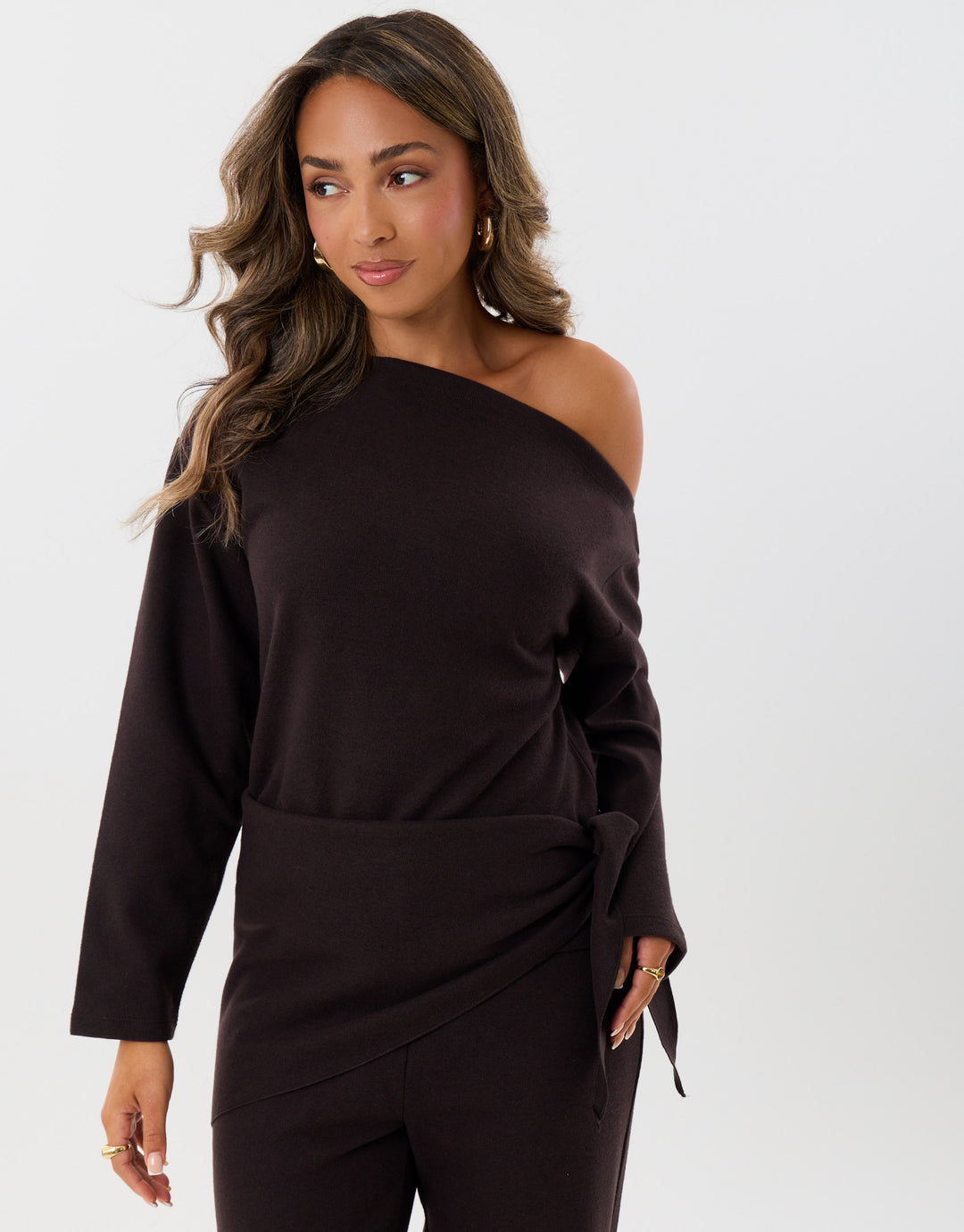 Off Shoulder Top & Wide Leg Co-ord in Chocolate Brown