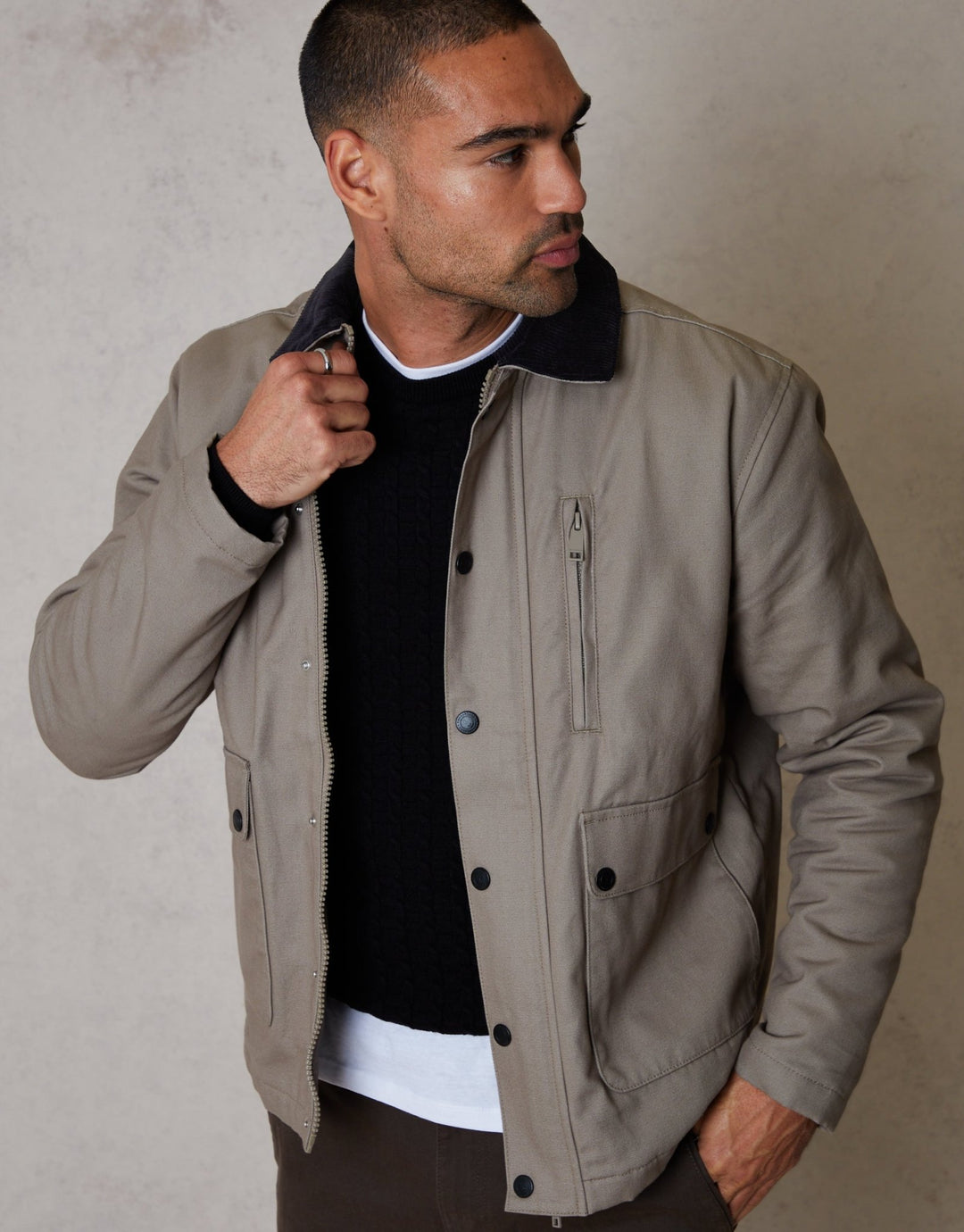 Worn Threadbare Threadbare Men's Collared Lightweight Jacket in Mushroom